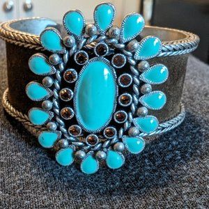 Vintage Enameled Silver and Suede Cuff